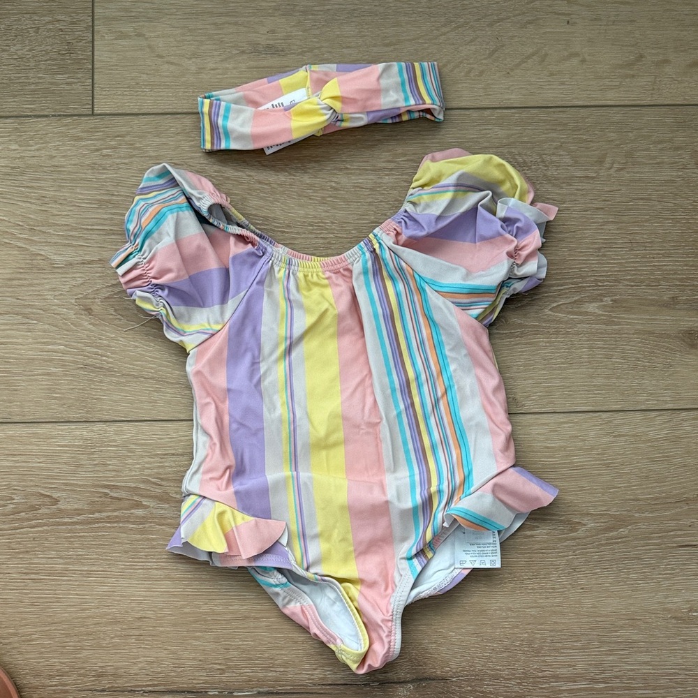 Toddler Girl Pastel Striped One-Piece Swimsuit with Headband
